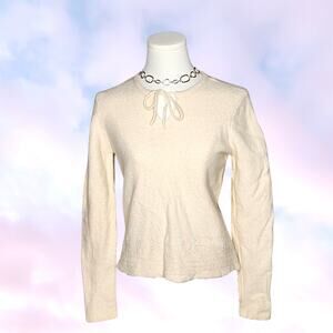 Vtg Bass & Co Lambswool Off White Cream Beaded Flower Long Sleeve Sweater Sz L